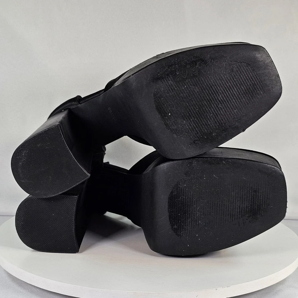 Liliana Black Satin Platform Pumps Square Toe Ankle Tie‎ Block Heel 10 00469310